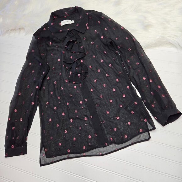 COACH Women's Sz 0 Glitter Cascade Ruffle Blouse Silk Black Snap Top Semi-Sheer - Picture 1 of 9